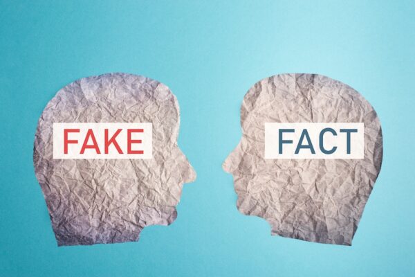 Fake or fact on a head, false and truth information, propaganda and conspiracy theory concept, media and manipulation, cancel culutre