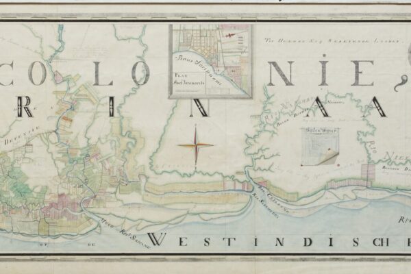 Manuscriptkaart van Suriname uit 1830, getekend door Helmuth Hendrik Hiemcke, foto Universitaire Bibliotheken Leiden