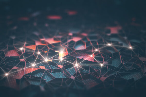 Artificial intelligence, connections and nucleus in concept of interconnected neurons. 3D illustration. Abstract background with binary numbers, neural network and cloud computing.