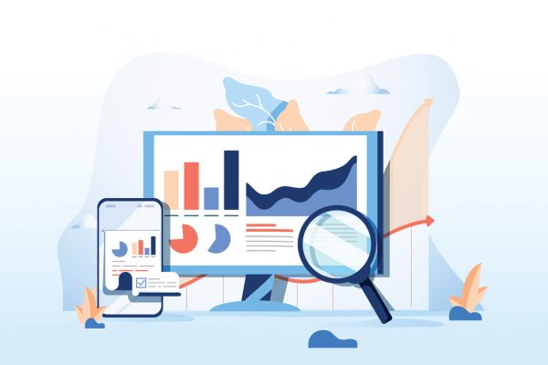 SEO reporting, data monitoring, web traffic analytics, Big data flat vector illustration on blue background. Modern flat design illustration of Seo optimization website and mobile website or Landing