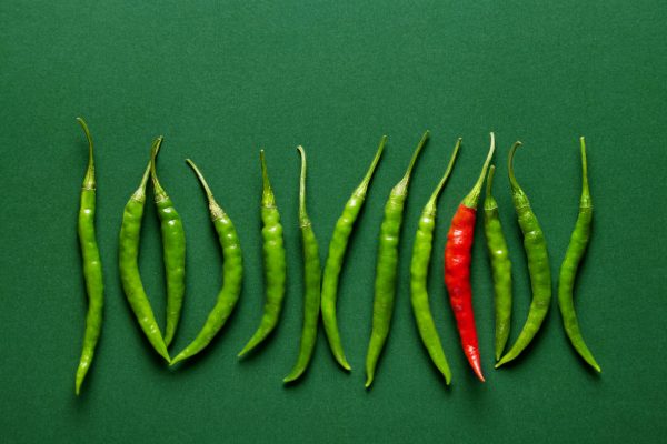 Green,Chilli,Peppers,Lined,Up,With,A,Single,Red,Hot