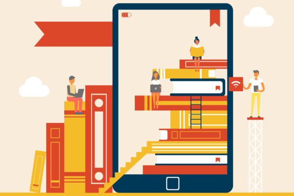 Electronic,Library,Books,Set,Poster,E-book,Screen,With,People,Reading