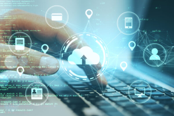 Hand,Using,Laptop,With,Online,Shopping,And,Cloud,Computing,Diagram.